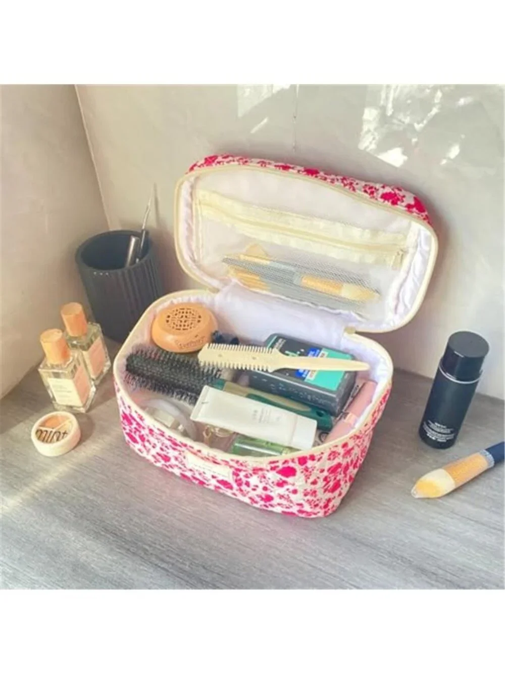 Quilted Floral Makeup Bag Cotton Cosmetic Toiletry Travel Organizer Pouch Large